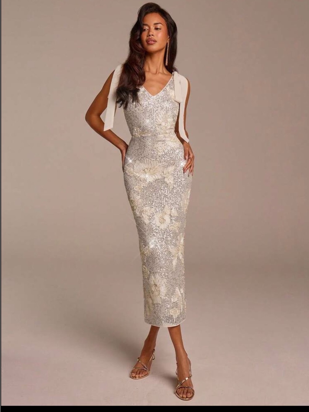 Elegant Silver Sequin V-Neck Midi Dress